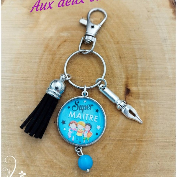 Bijou Cadeau de fin d'année scolaire porte cles mousqueton super maître  ATSEM, AVS, Maîtresse, Aesh maître cadeau modèles pom-pom