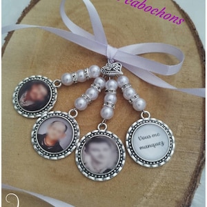 Memorial mourning tribute photo souvenir medallion and round wave support, ribbon and pearls ideal jewelry for bridal wedding bouquet