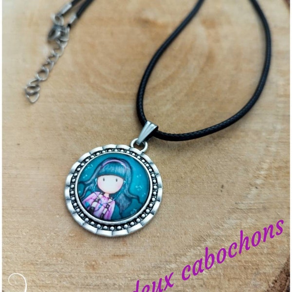 Collana regolabile idea regalo per gioielli natalizi con pendente tondo immagine gorjuss santoro, cabochon in vetro