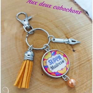 Jewel Einde schooljaar cadeau karabijnhaak sleutelhanger super meesteres ATSEM, AVS, Meesteres, meesteres cadeau pom-pom modellen