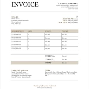 May include: A professional invoice template featuring a clean layout with sections for business information, client details, itemized descriptions, quantities, prices, totals, payment details, and a note section at the bottom.