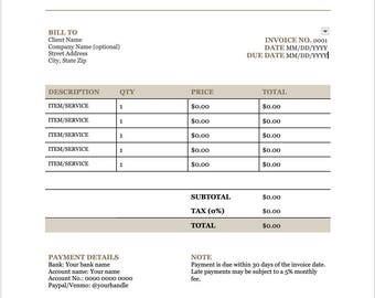 May include: A professional invoice template featuring a clean layout with sections for business information, client details, itemised descriptions, quantities, prices, totals, payment details, and a note section at the bottom.