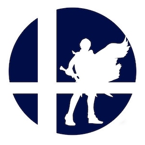 May include: A white silhouette of a video game character with a sword and cape standing in front of a blue circle with a white cross inside.