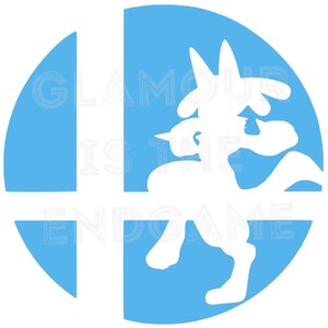 May include: A blue and white circle with a white silhouette of a Pokémon character in the center. The text "GLAMOUR IS THE ENDGAME" is written in white on the circle.