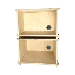 May include: A two-tiered wooden shelf unit with a hexagonal cutout on each shelf. The shelves are made of light-colored wood and have a simple, modern design.