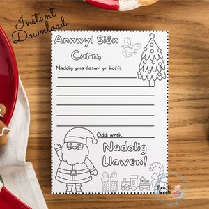Taflen Lliwio Llythyr Siôn Corn, carta imprimible a Santa Digital Descargar color en, galés imprimible, carta de Santa para niños, lista de deseos de Santa
