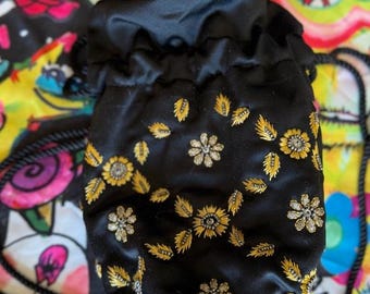 Potli Bag By Adrienne Vittadini Black Satin Drawstring Gold Floral Embroidery