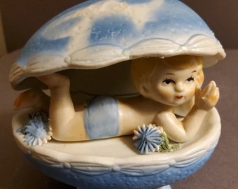 Baby Boy in a clam shell - Vintage Ceramic