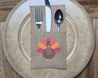 Bestekhouders voor Thanksgiving, bestekhouders van jute, tafeldecoratie met kalkoenmotief, herfsttafelsetting, tafeldecoratie voor Thanksgiving, rustieke decoratie