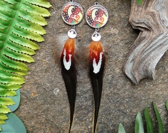 &quot;Goa&quot; earrings with long natural rooster feathers - designer jewelry
