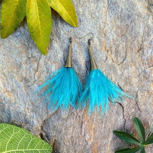 &quot;Blue bird&quot; earrings in natural ostrich feathers - designer jewelry