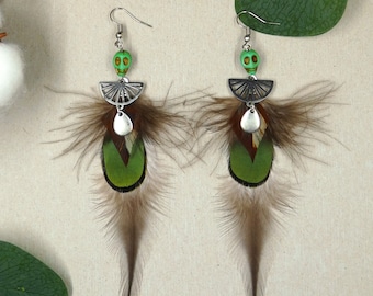 Boucles d'oreilles "Santa muerte" en plumes naturelles de faisan Lady - bijou de créateur