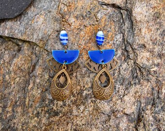 Boucles d'oreilles "Bushi" à sequins bronzes et bleus - bijou de créateur