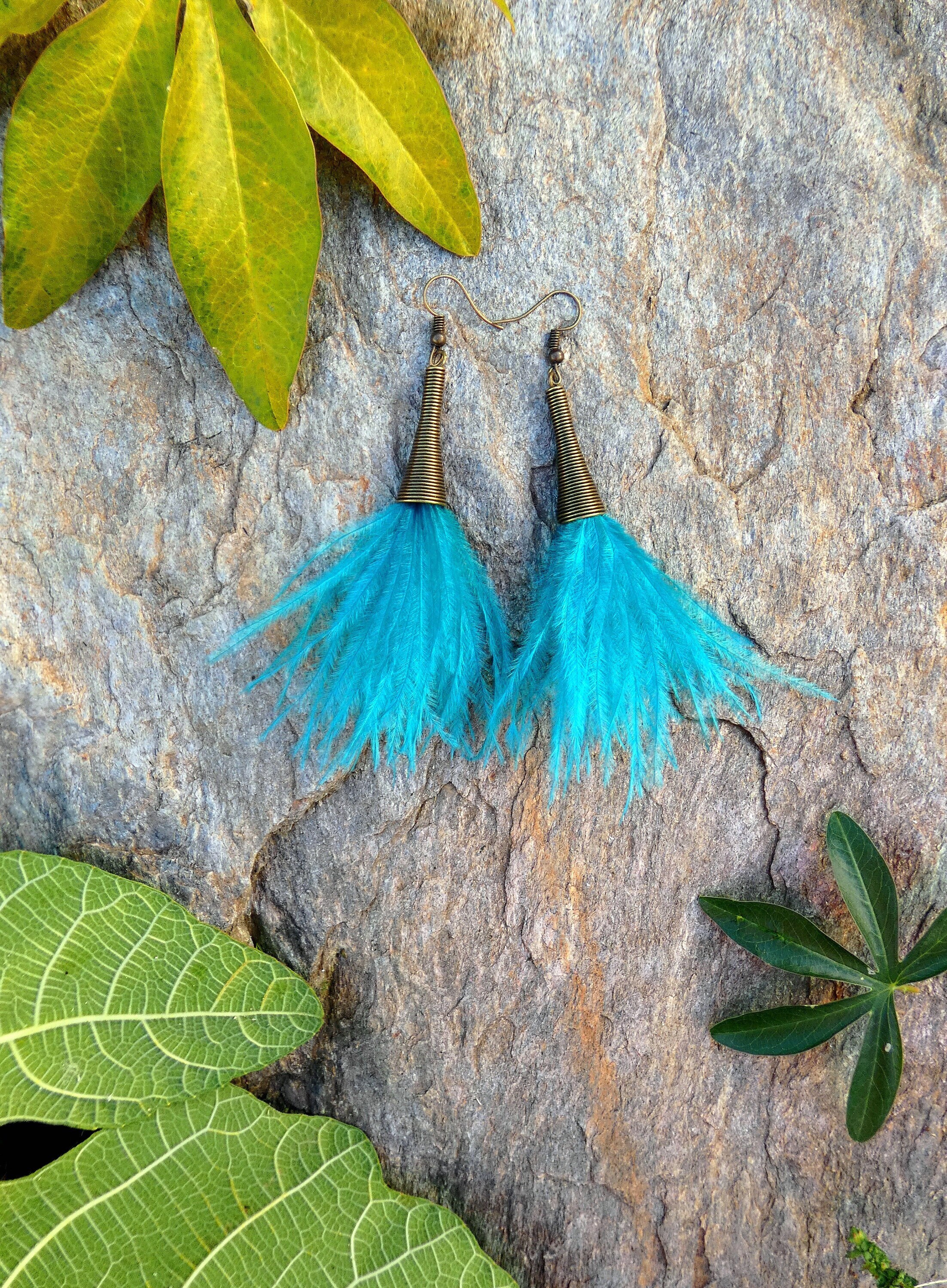 "Blue bird" earrings in natural ostrich feathers - designer jewelry