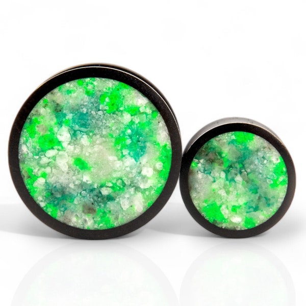 Custom Black Wood Plugs: Neon Green Gauges tunnels Custom made from Ebony and quartz