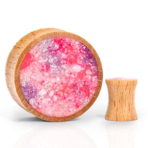 Pink Plugs and Tunnels for ear stretching: Quartz & wood custom gauges