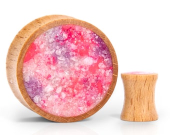 Pink Plugs and Tunnels for ear stretching: Quartz & wood custom gauges