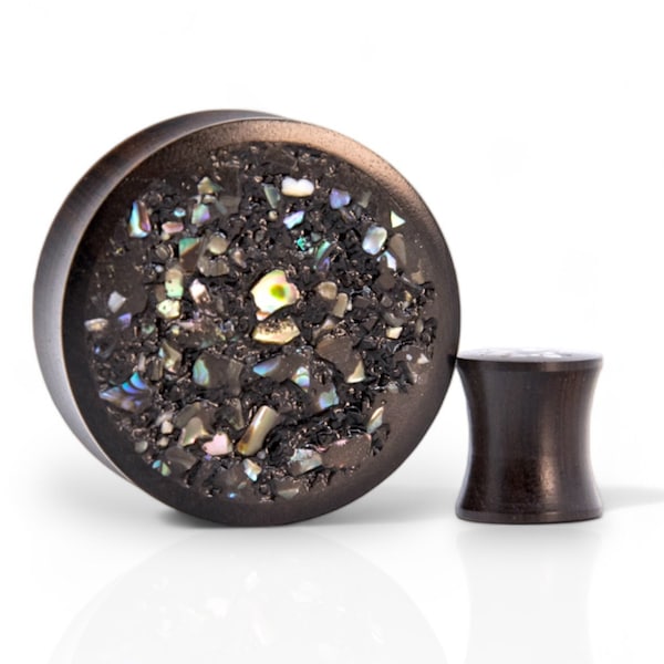 Custom Black Ebony Wood Plugs: Rainbow Abalone & Tourmaline stone inlay plugs
