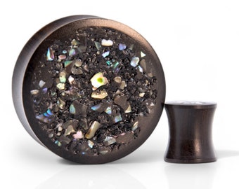 Custom Black Ebony Wood Plugs: Rainbow Abalone & Tourmaline stone inlay plugs