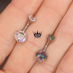 Rainbow CZ Navel Piercing/ 316S Steel Belly Bar/ Navel Ring/ Belly Button Piercing/ Silver round Navel Piercing/ 10mm Crystal Navel bar