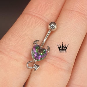 Rainbow Devil Heart CZ Navel Piercing/ 316S Steel Belly Bar/ Navel Ring/ Belly Button Piercing/ Silver GOLD Navel Piercing/ 10mm Navel bar