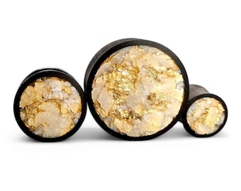 Bouchons et tunnels personnalisés en or et en ébène : jauges de pierre personnalisées, bouchons faits main, tendeurs d'oreille personnalisés, tunnels en or, jauges d'oreille en cristal