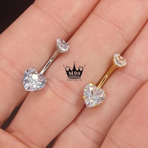 Surgical Steel Heart Navel Bar/ 316S Gold Steel Belly Bar/ Navel Ring/ Belly Button Piercing/ Silver Navel Piercing/ Gift For Her/ 10mm Bar