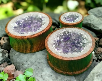 Amethyst Geode Custom Wood Gauge, Geode Style Custom crystal plugs 14mm-100mm, Real Stone Purple Tunnel Gauge Street Fashion Jewelry