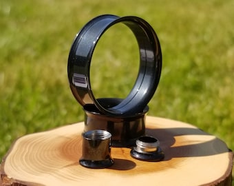 Black Steel Double Flare Tunnel, Internal screw thread plug, screw 316s tunnels, metal plugs, plug earring gauge, 2mm - 36mm gauge size