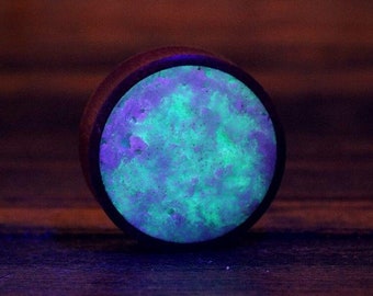 Aqua Glow custom wood plugs: Glowing Quartz plugs and tunnels made for ear stretching in sizes 8mm to 65mm