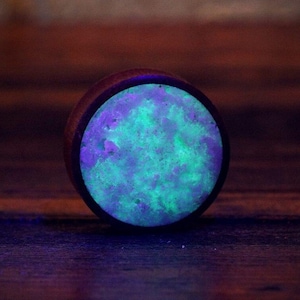 Aqua Glow custom wood plugs: Glowing Quartz plugs and tunnels made for ear stretching in sizes 8mm to 65mm