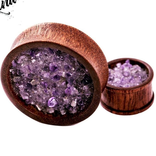 Custom Purple Amethyst plugs, Custom wood plugs, amethyst stone gauges, handmade plugs, piercer made plugs, custom ear stretcher tunnels