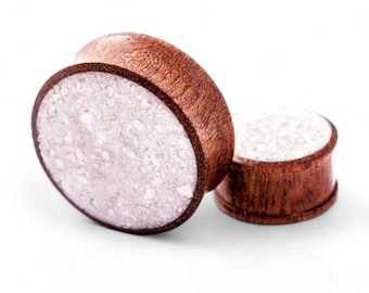 Hand Carved Mahogany & White Quartz Plugs: Stone Gauge Tunnels