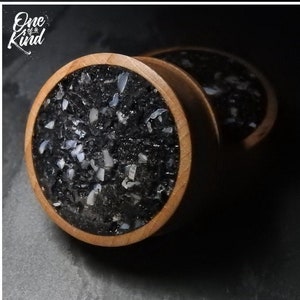 Wood custom plugs, Unique Black Plug Earrings, Steampunk plugs, Ear Tunnels and Gauge, tourmaline plug, Black Stone plugs, White shell plugs