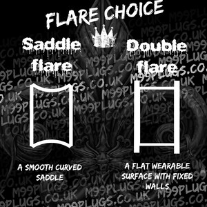 May include: A black and white graphic illustration of two different types of flares. The first flare is labeled "Saddle flare" and is a smooth curved shape. The second flare is labeled "Double flare" and is a flat wearable surface with fixed walls.