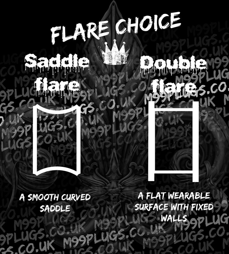May include: A black and white graphic illustration of two different types of flares. The first flare is labeled "Saddle flare" and is a smooth curved shape. The second flare is labeled "Double flare" and is a flat wearable surface with fixed walls.