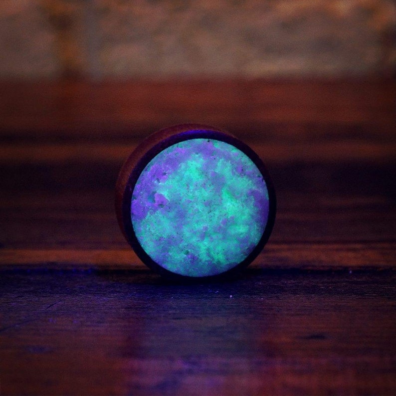 8mm - 65mm Glowing Aqua Quartz Natural Wood Plug Earrings Cool Street Fashion Trendy Jewellery, Unique Ear Tunnels and Gauges 