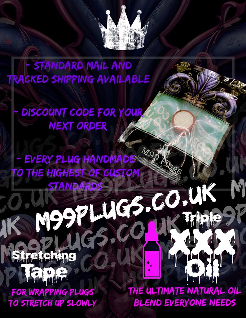 May include: A purple and white bottle with a dropper, labeled "Triple XXX Oil" and "The Ultimate Natural Oil Blend Everyone Needs". The bottle is on a background with the text "M99Plugs.co.uk" and "Stretching Tape" in purple and white.
