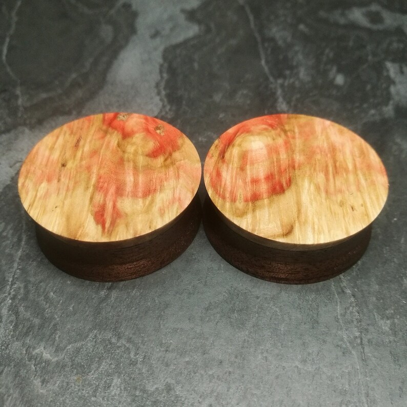 32mm Double sided pink burl /& walnut custom plugs PAIR wood and resin gauge tunnel taper crystal gemstone handmade handcrafted plugs blue