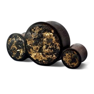 Gold Tourmaline Ebony plugs/ Custom Tunnels and Gauges/ Wood and Stone plugs/ Tourmaline plugs / Gold earrings/ stone ear plug jewelry