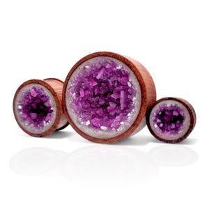 May include: Three wooden ear plugs with a geode design. The plugs have a dark wood exterior and a center filled with vibrant purple crystals. The crystals are surrounded by a white border.