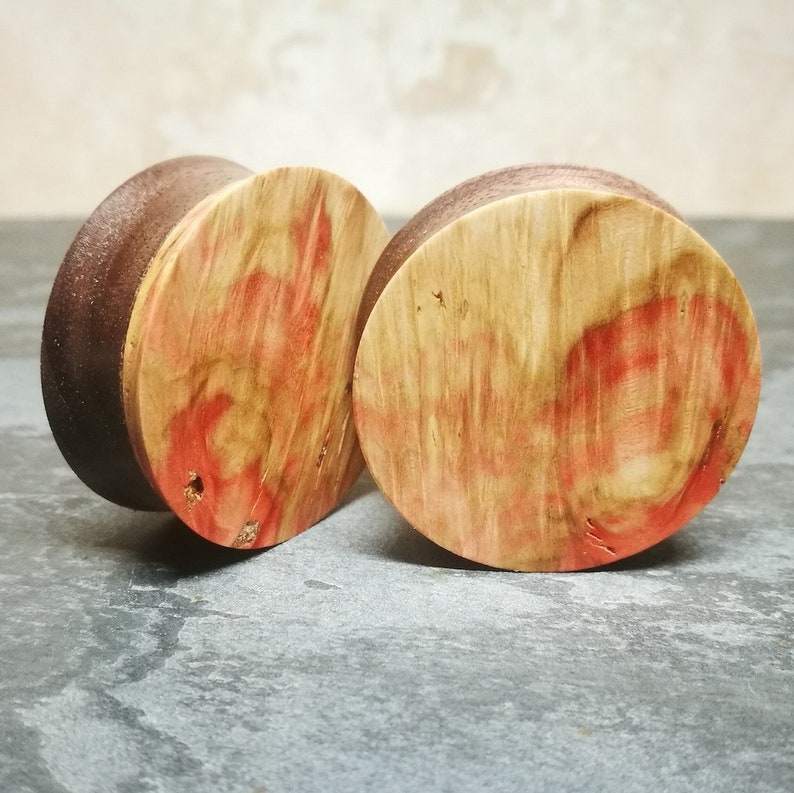 32mm Double sided pink burl /& walnut custom plugs PAIR wood and resin gauge tunnel taper crystal gemstone handmade handcrafted plugs blue