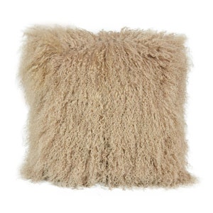 Mongolian Lamb Fur Pillow Cover: Dark Beige Tibetan Sheepskin, 18&quot;x18&quot;