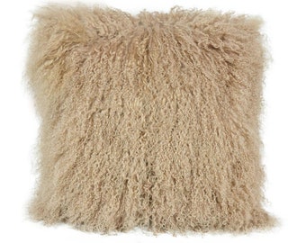 Oreiller en fourrure d’agneau tibétain 16 « x16 » Housse Coussin d’oreiller en peau de mouton mongol - Beige foncé -16 « x 16 » (40cmx40cm)