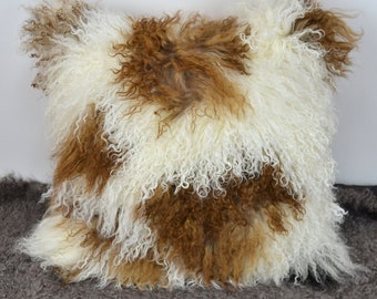 18 "x 18" (45 cm x 45 cm) Housse de coussin en fourrure d'agneau tibétaine / mongole Blanc avec des taches sombres 23018