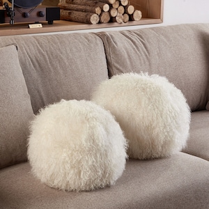 Almohada de bola de piel de cordero de Mongolia auténtica: cojín redondo esponjoso de color blanco natural, decoración del hogar hecha a mano
