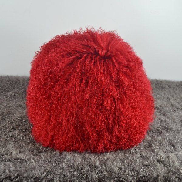 Real Genuine Mongolian/Tibetan lamb fur Ball pillow -  Red