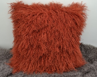 18 "x 18" (45 cm x 45 cm) véritable housse de coussin en fourrure d'agneau tibétain coussin d'oreiller en peau de mouton mongol-rouge rouille