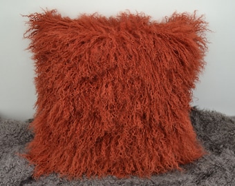 16"x16" Tibetan lamb fur pillow Cover Mongolian sheepskin pillow cushion -  Rusty Red -16"x 16"