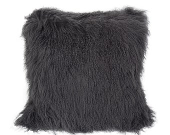 16"x16" Tibetan lamb fur pillow Cover Mongolian sheepskin pillow cushion - Charcoal -16"x 16"